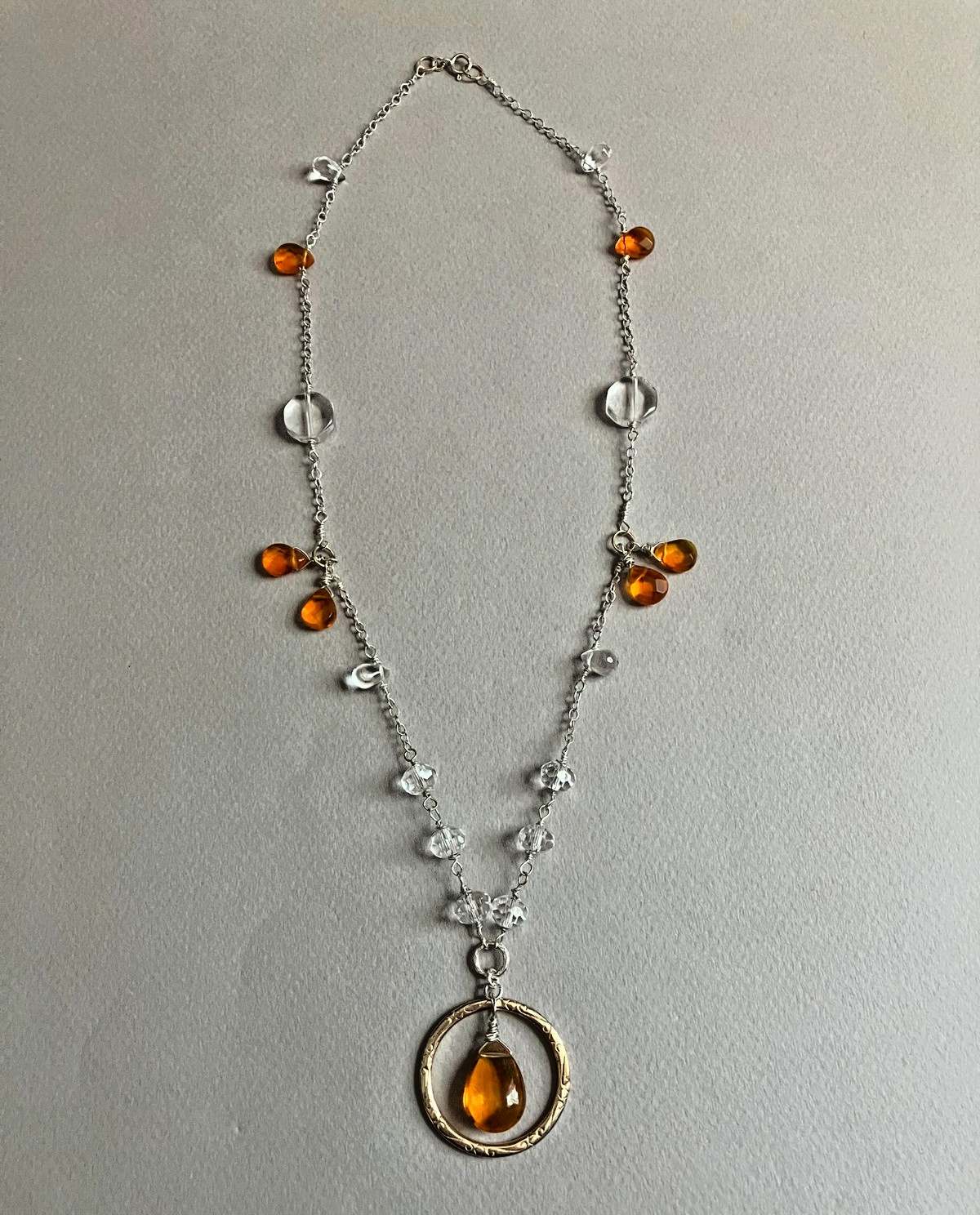 Handmade QUARTZ, Amber Glass, TWO TONE Sterling & Gold Plated Necklace 20.5 in