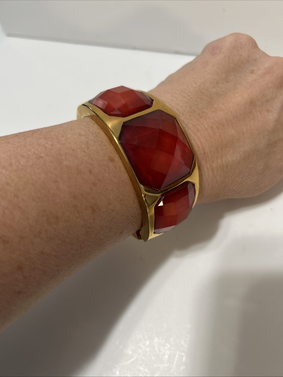 Joan Rivers Bracelet Clamper Three Blood Orange Acrylic in Gold Tone (S219)