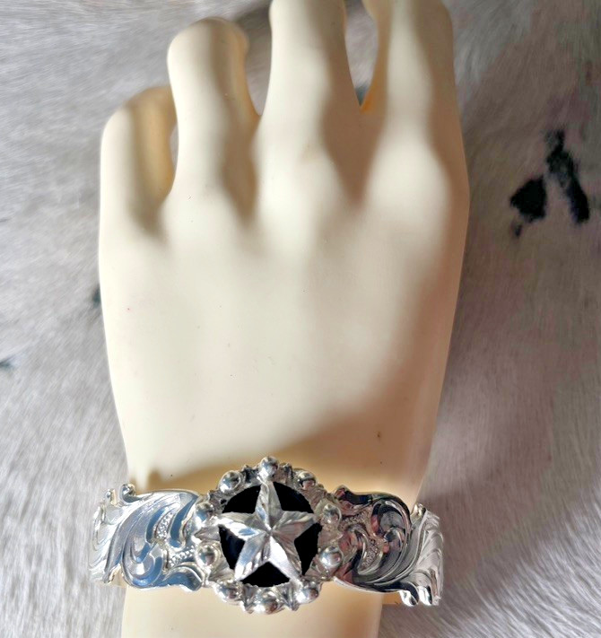 Western Womens Bracelet 7 x 1 in Star Silver Cuff Cowboy Open Cut Adjustable