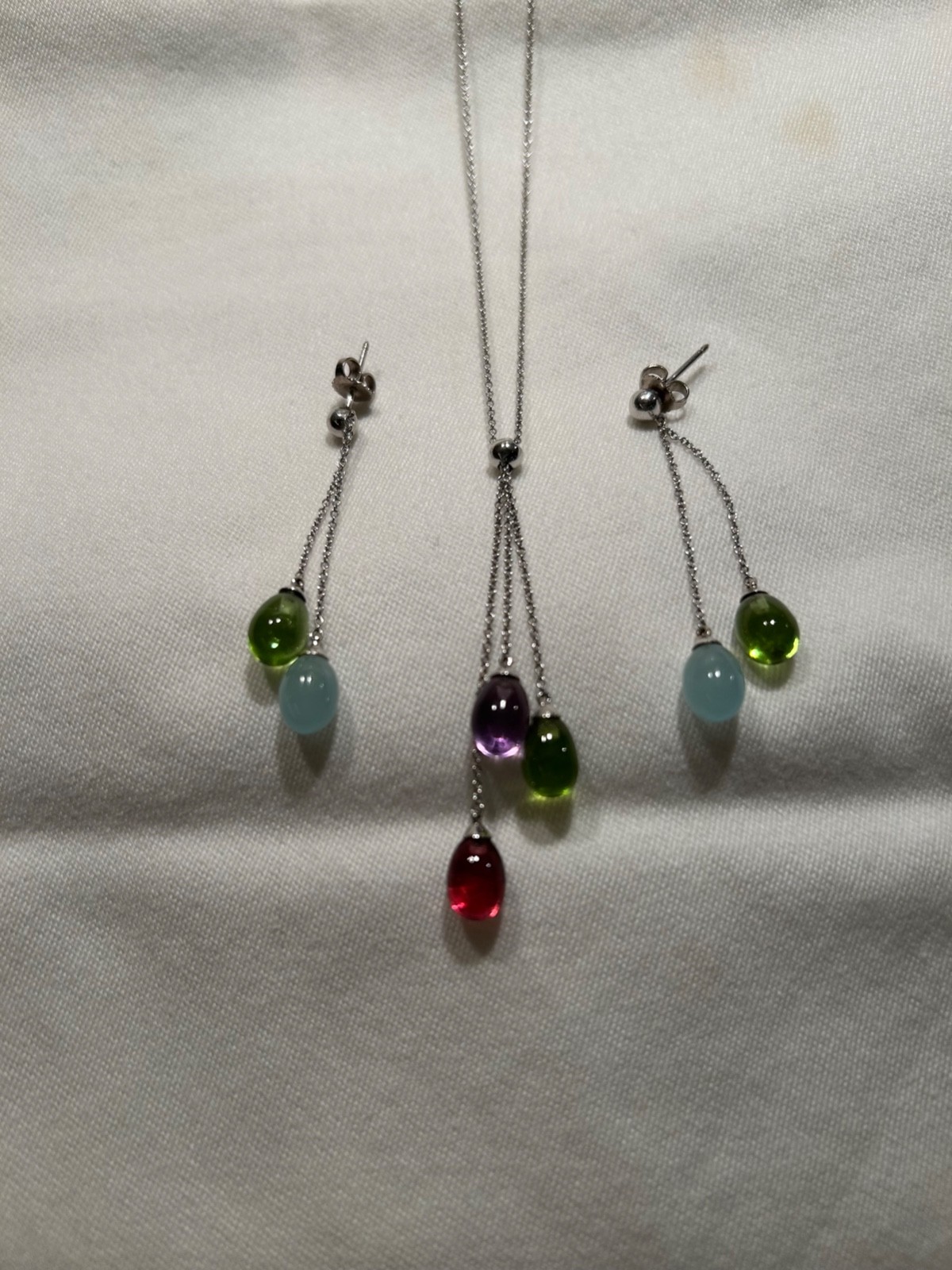 Tiffany Co Three Drop necklace & earring set Aquamarine, Peridot, Tourmaline 18K