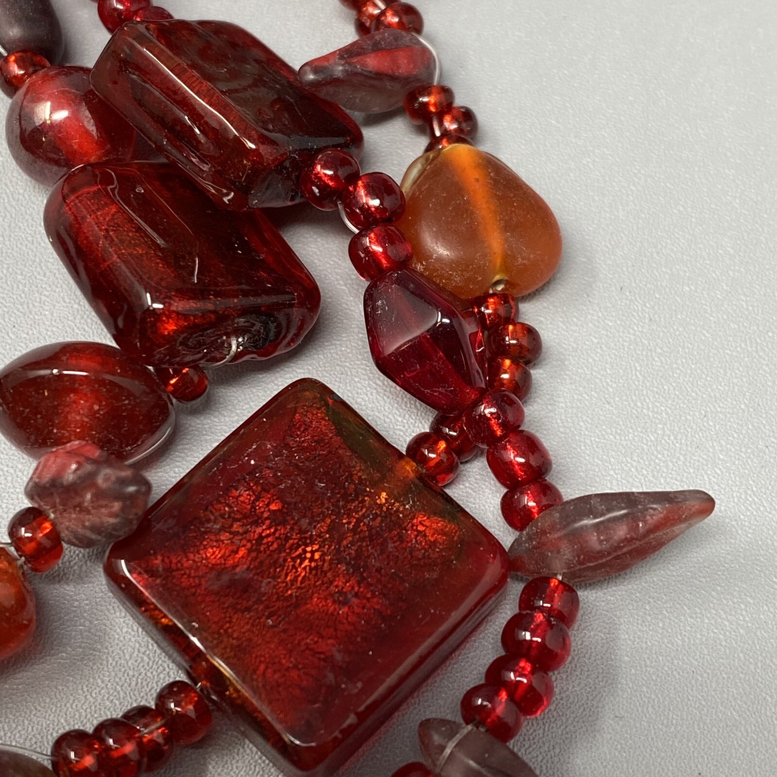 VTG Boho Glass Necklace Red Burgundy Glass Beads Czech Dichroic Frost Molded 24″