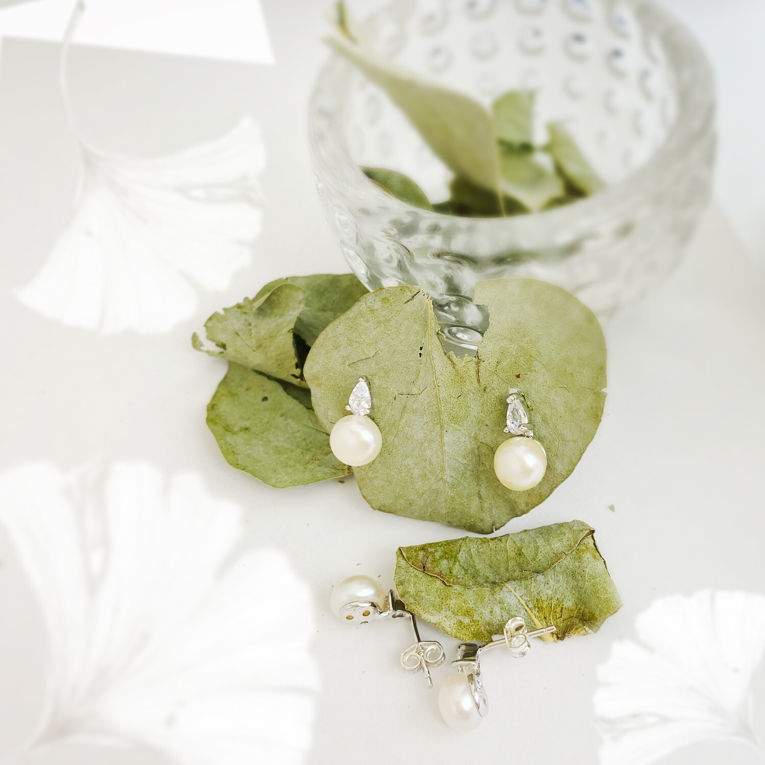 Sterling Silver Post Earrings with 8mm White Freshwater Pearl and Pear Shape CZ