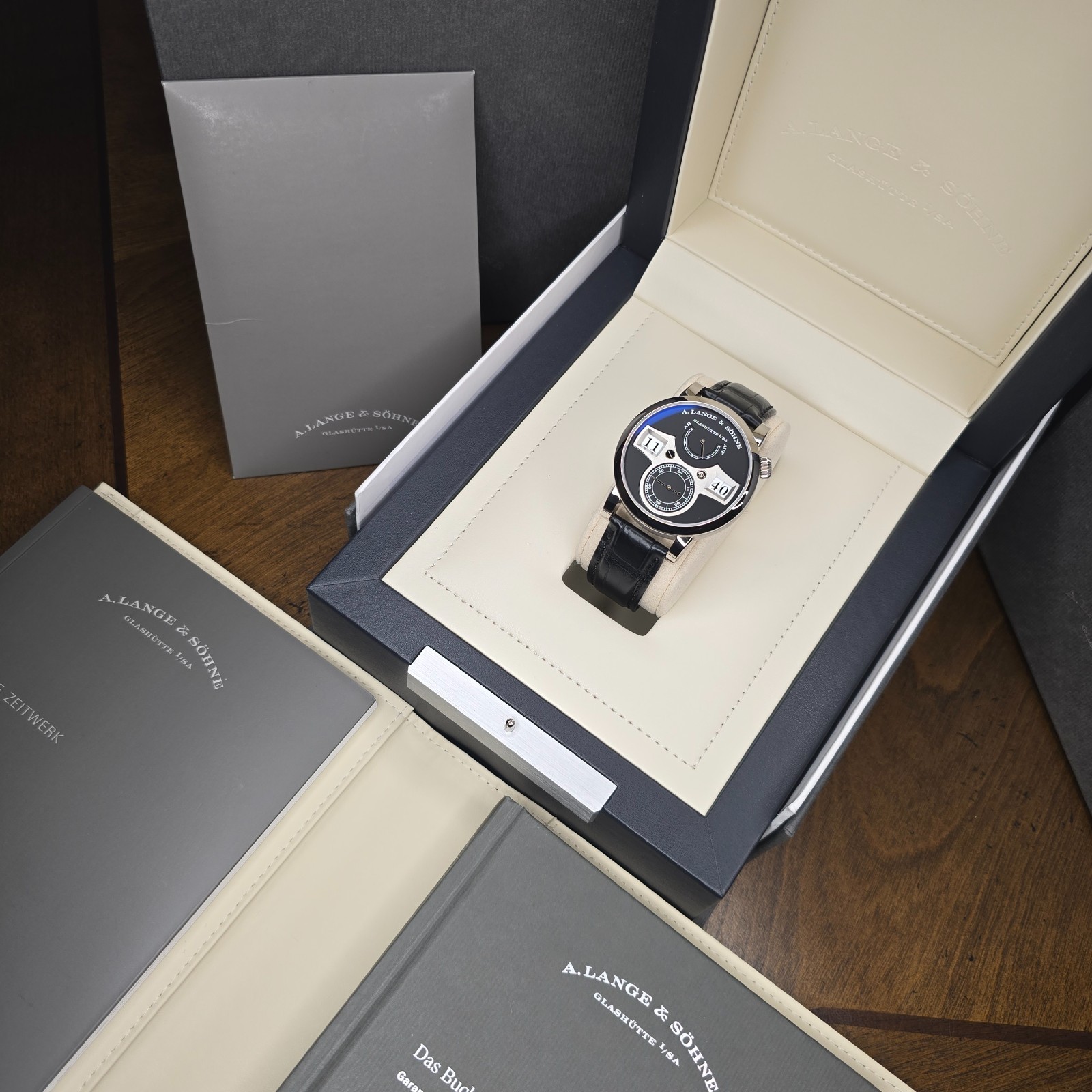 A. LANGE & SOHNE ZEITWERK 140.029 41.9MM 18K WHITE GOLD BLACK DIAL B&P