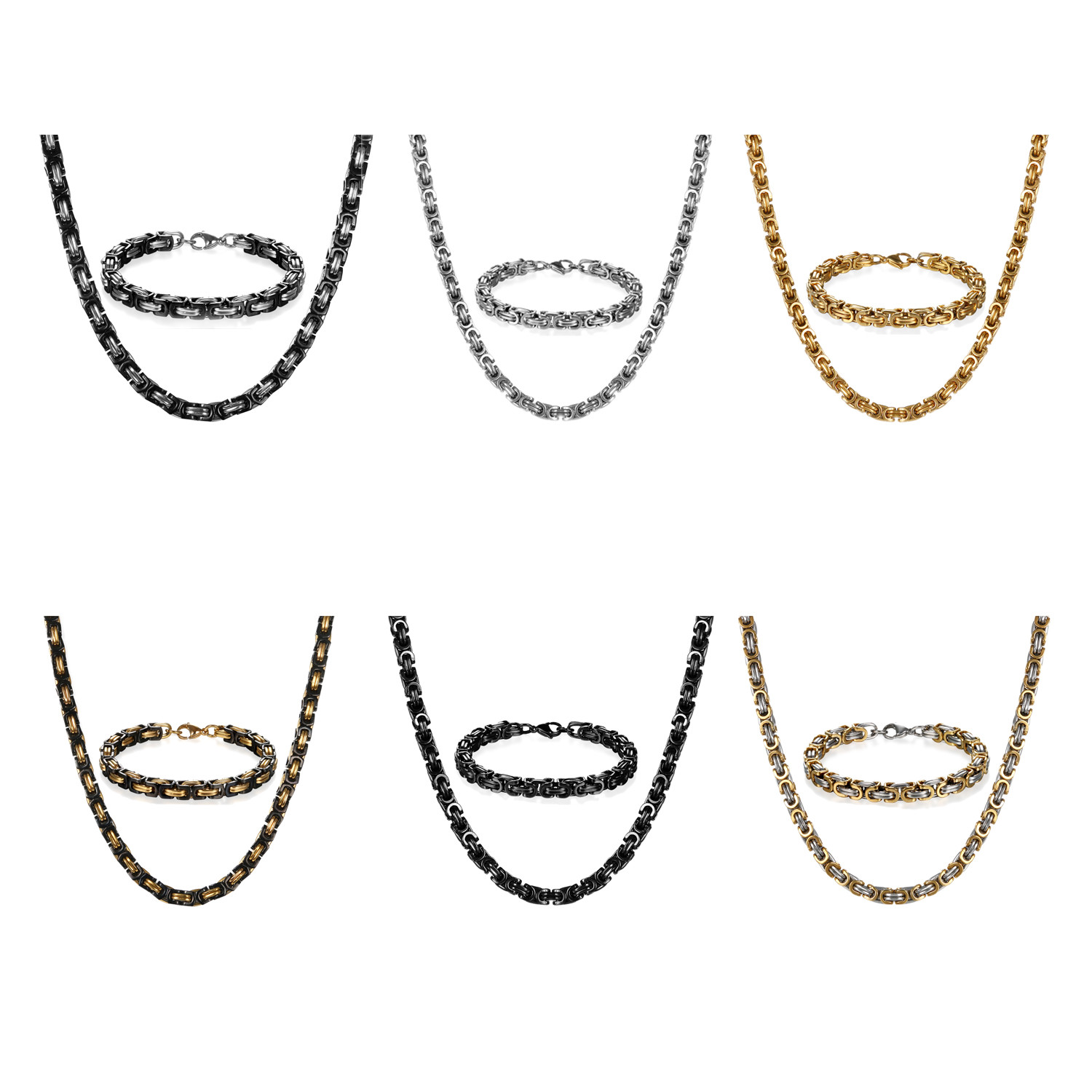 Men’s Biker Stainless Steel Square Byzantine Chain 22″-30″ Necklace Bracelet Set