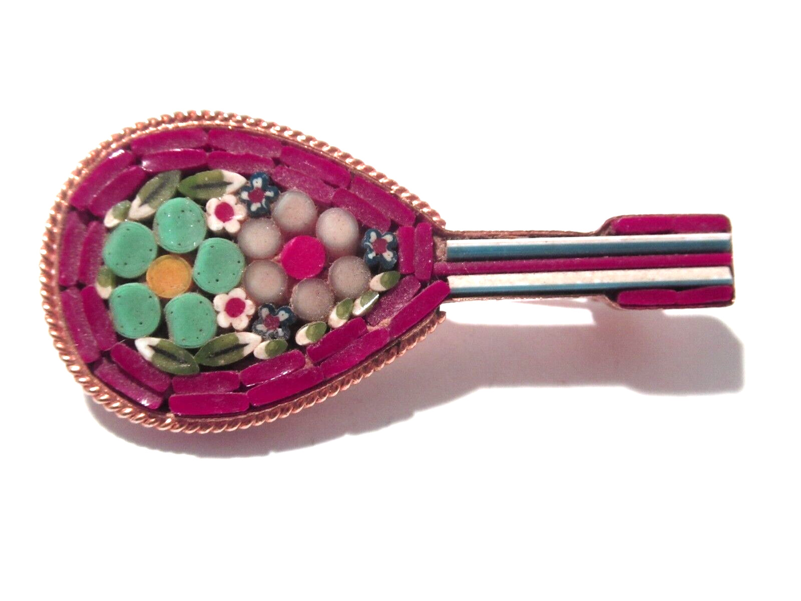 MicroMosaic Red Burgundy Flowers Vintage Guitar Brooch Pin Made in Italy