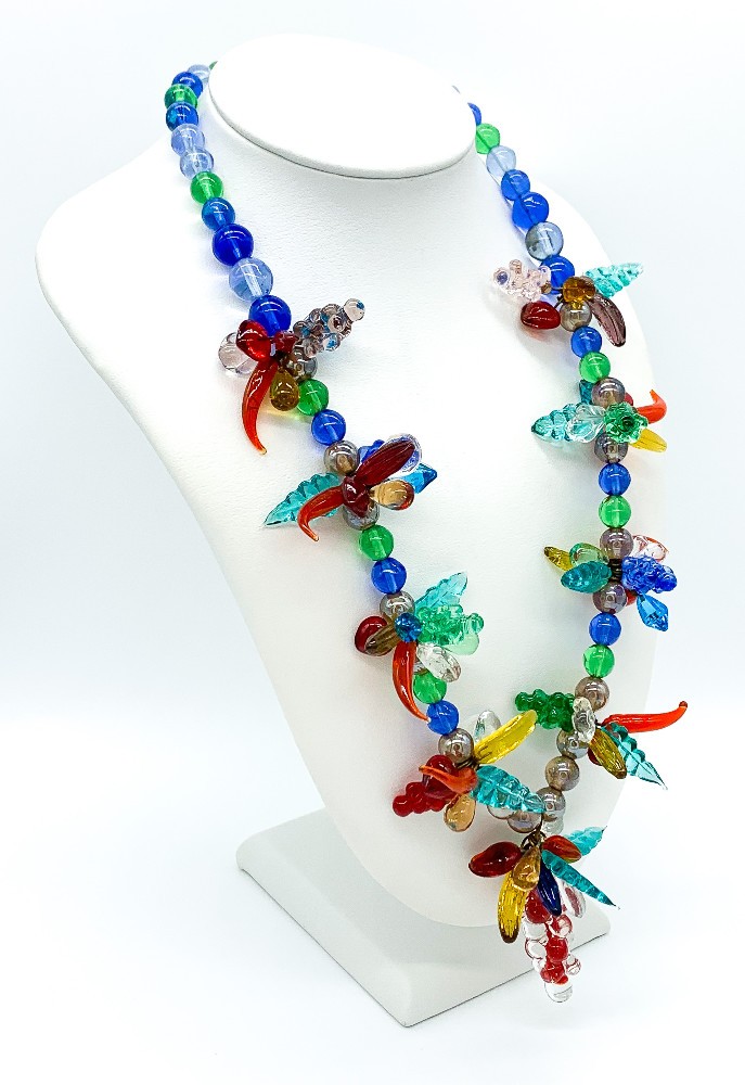 Vintage Mid Century Tutti Fruitti Tropicana Molded Art Glass Bead Necklace 18″