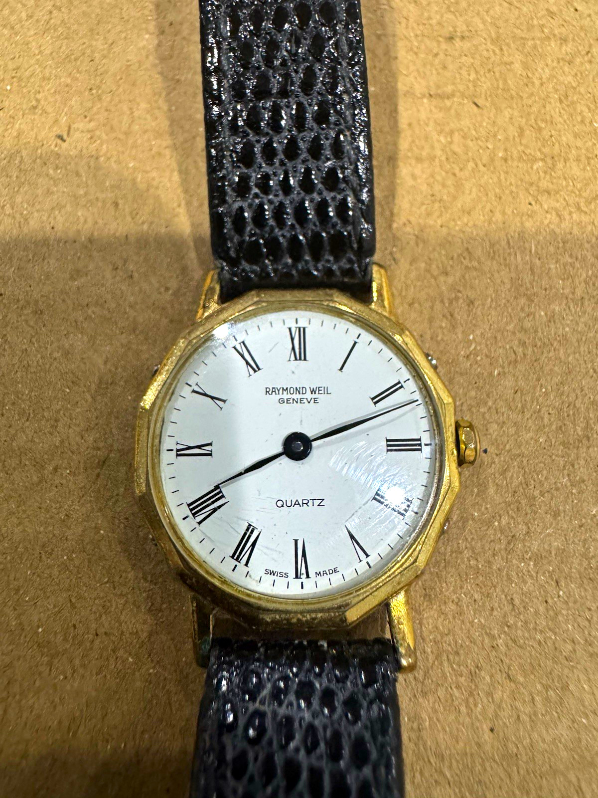 Raymond Weil Geneve Swiss Quartz White Dial Gold Case Black Leather Band 25mm