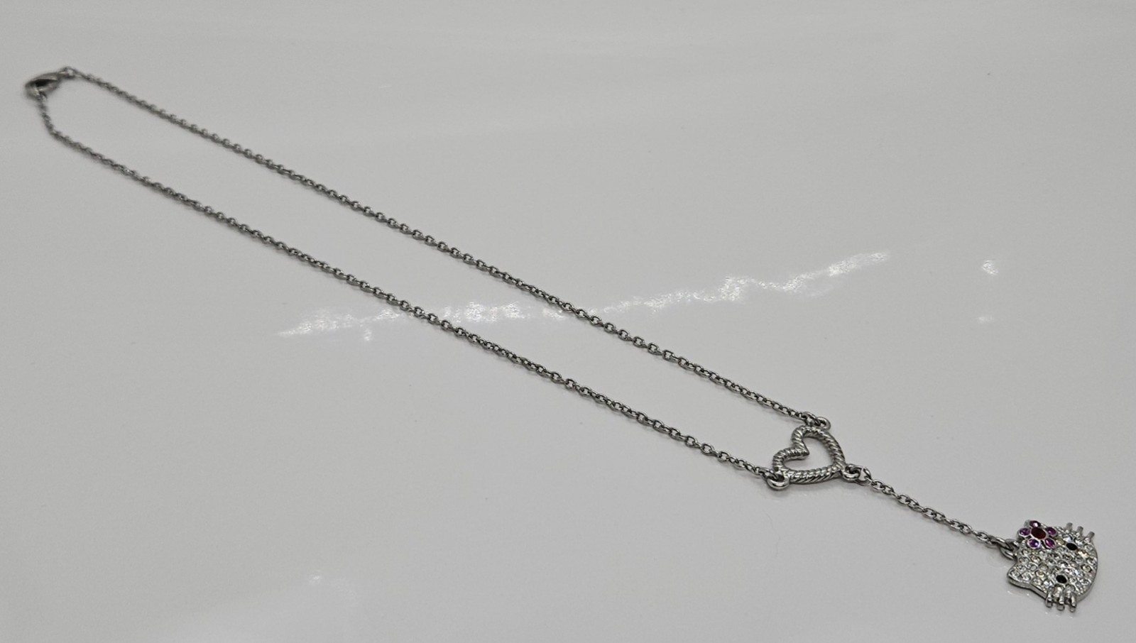 Hello Kitty Necklace Rhinestone Silver Tone Heart Pendant Design 20″