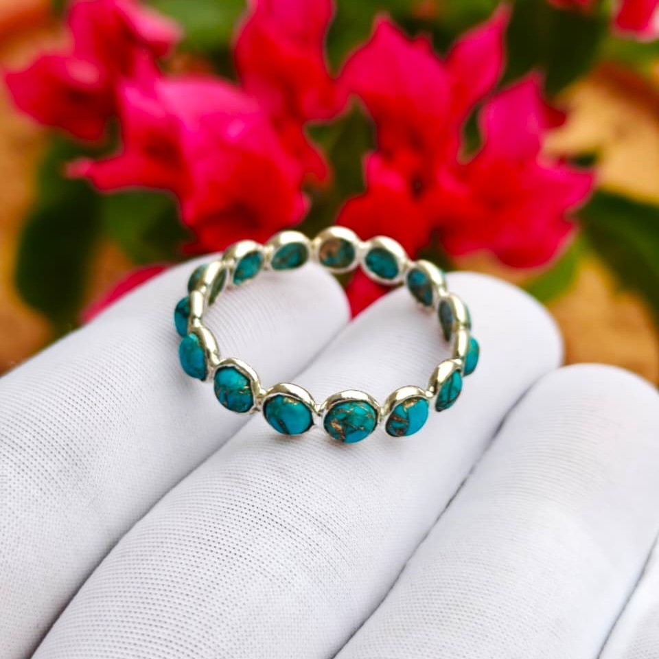 Natural Handmade Blue Copper Turquoise Sterling Silver Full Eternity Band Ring