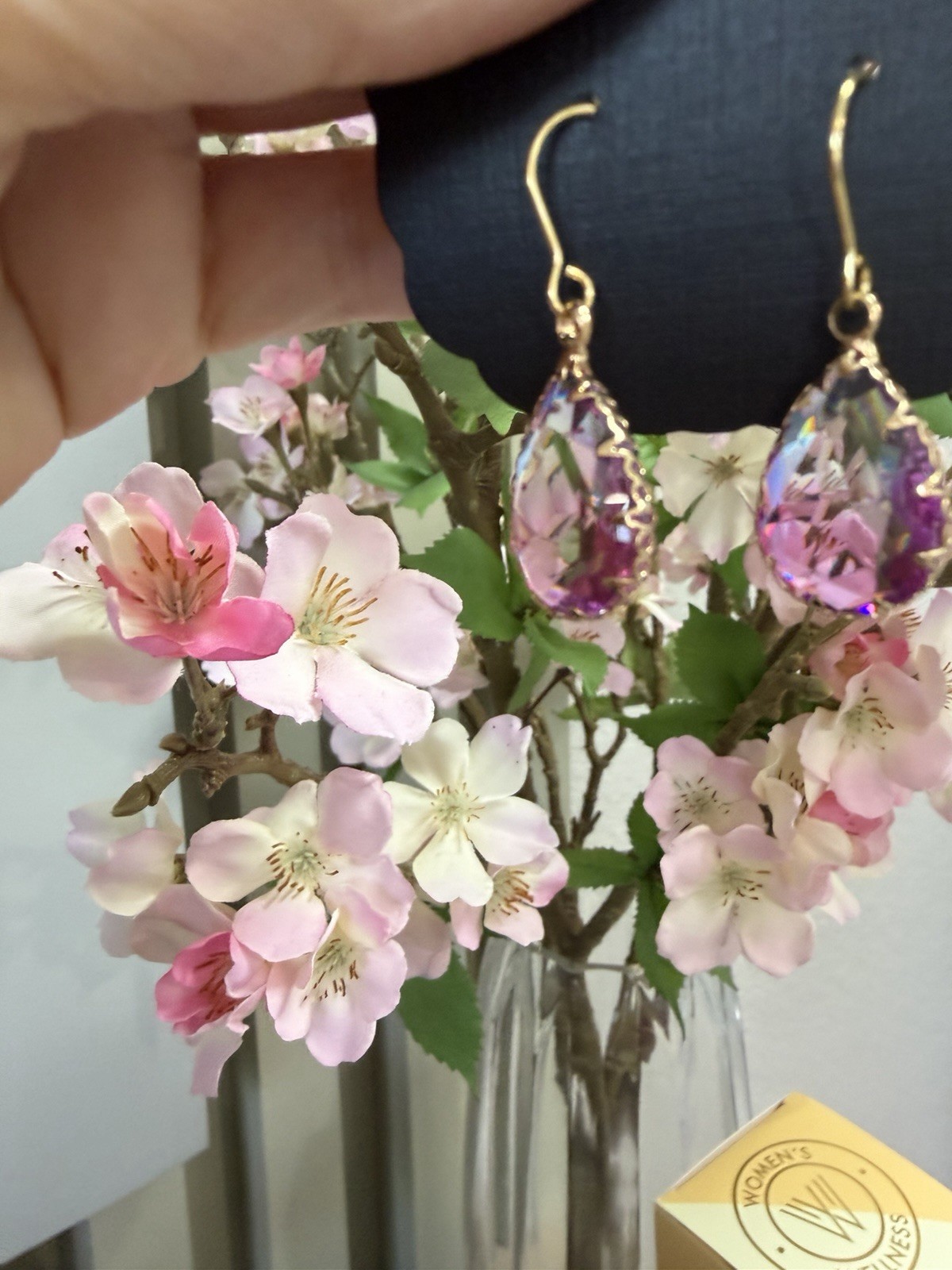 Gold Tone Pink Teardrop Crystal Dangle Drop Hook Earrings Bezel Set