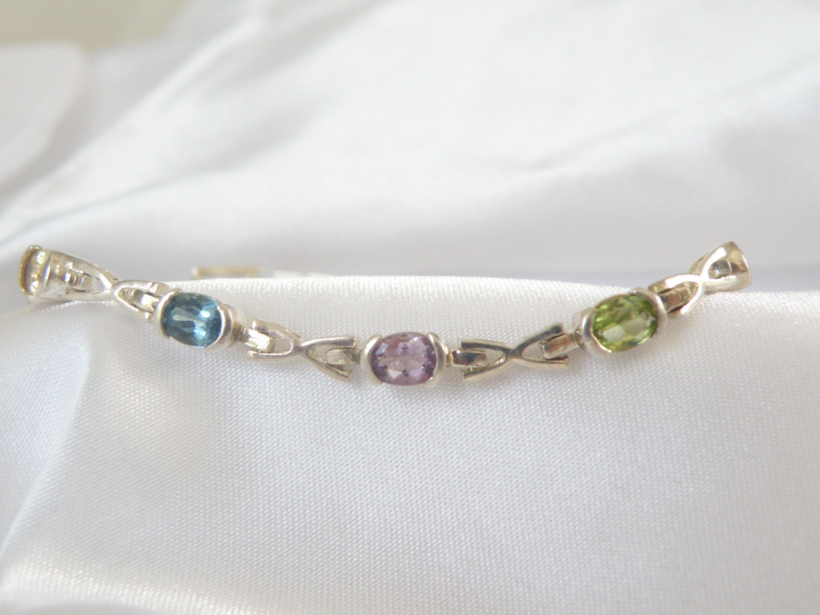 Vintage Sterling Silver 925 Gemstone Tennis Station Link Bracelet 7″