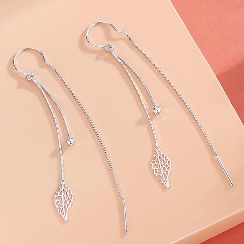 Solid 925 Sterling Silver Leaf Ball Pull Through Threader Earrings Gift Box PE21