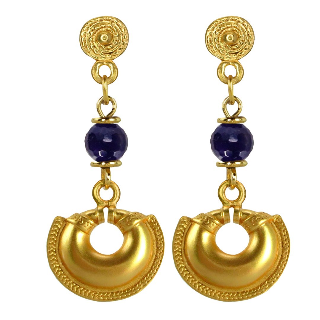 24k GP Pre-Columbian Crescent and Amethyst Danlge Earrings | Across The Puddle
