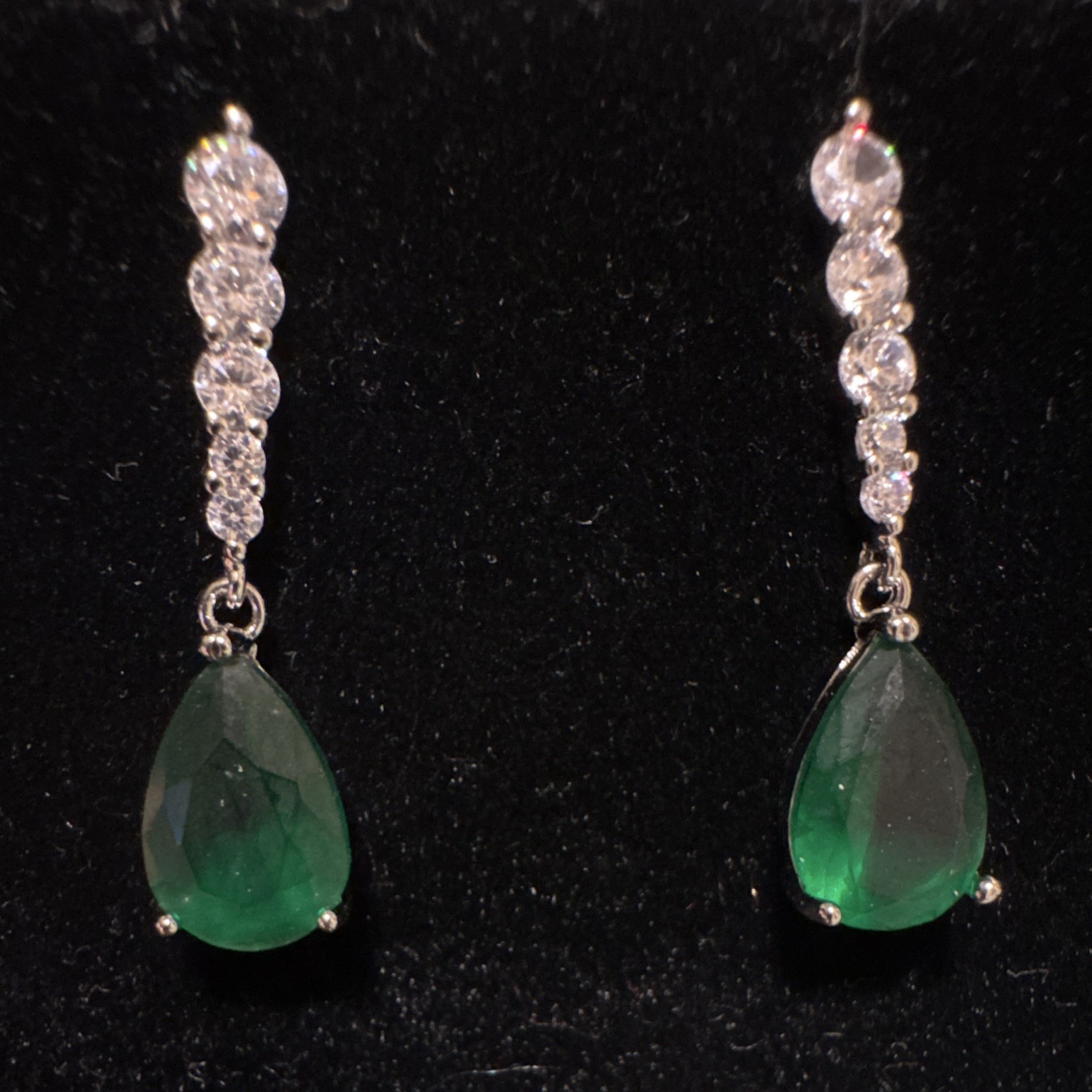 Silver Tone Dangle Drop Earrings Green Teardrop Stone & Clear Rhinestones