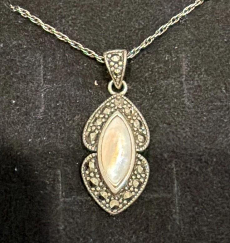 925 Sterling Silver Mother of Pearl and Marcasite 18” Necklace With Gift Box