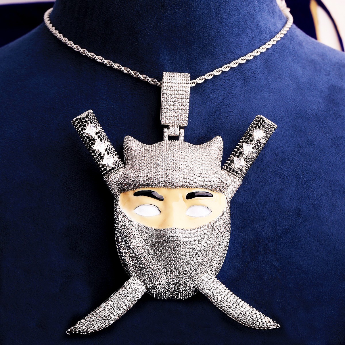Hip Hop Iced CZ Bling Ninja Pendant Necklace Chain Men Rapper Jewelry