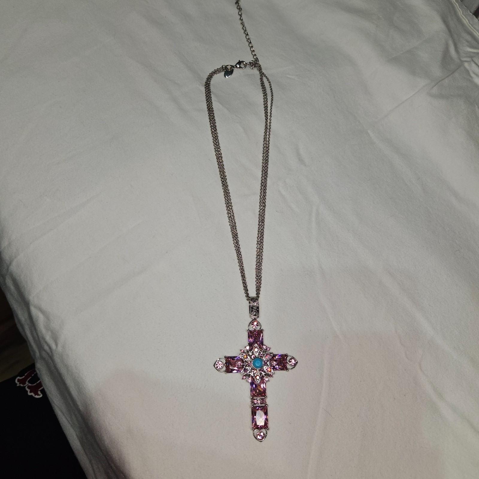 Silver tone Pink & Blue Rhinestone Cross Necklace Religious Christian 12″ 40g