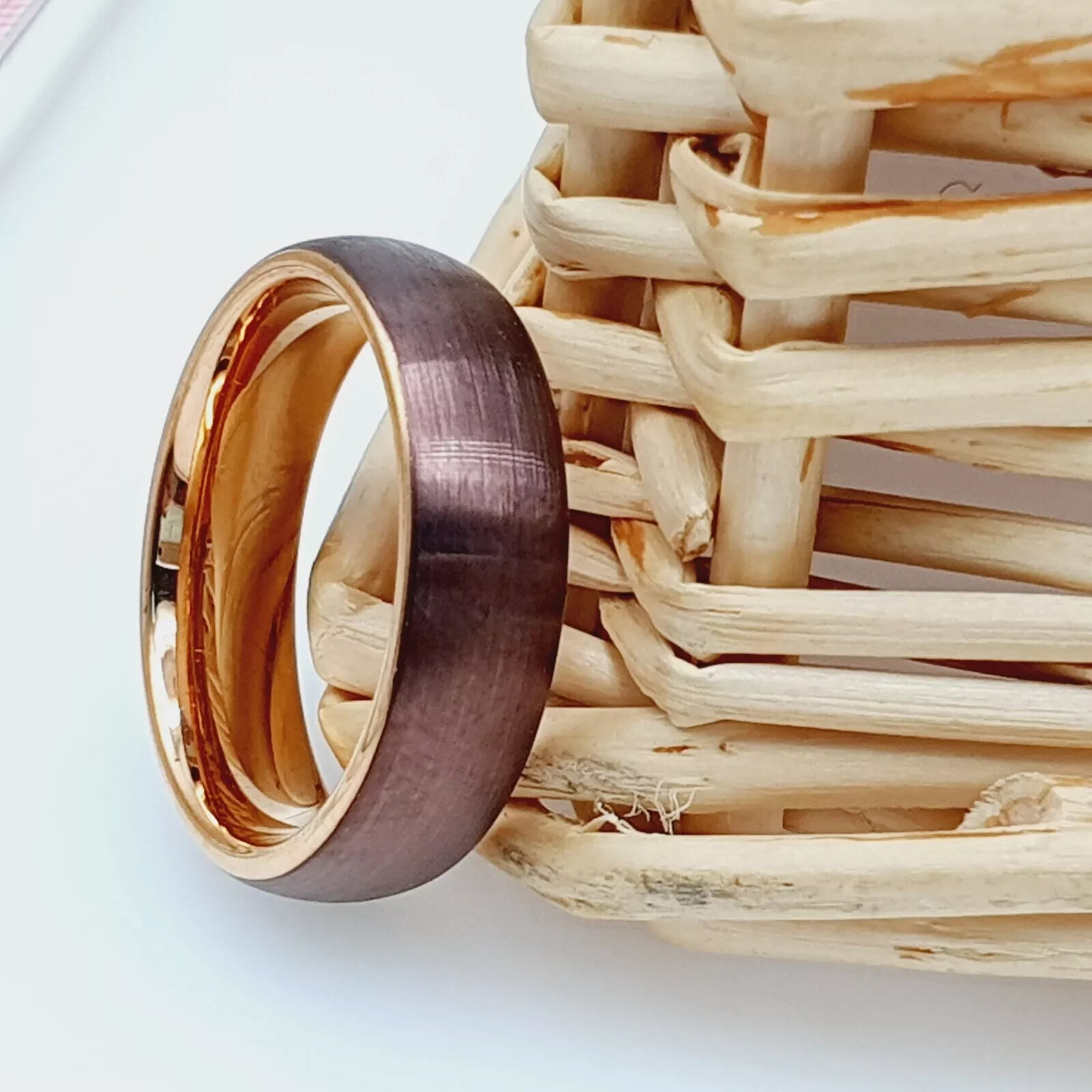 Brown & Rose Gold Tungsten Wedding Promise Rings Unique Brushed Matte Outside