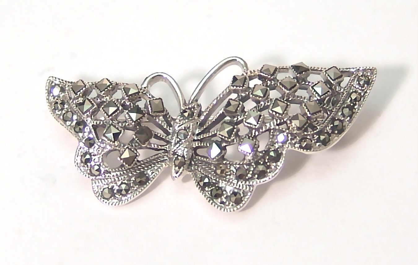 Butterfly Brooch Pin Sterling Silver Oxidized Marcasite 8.8 grams