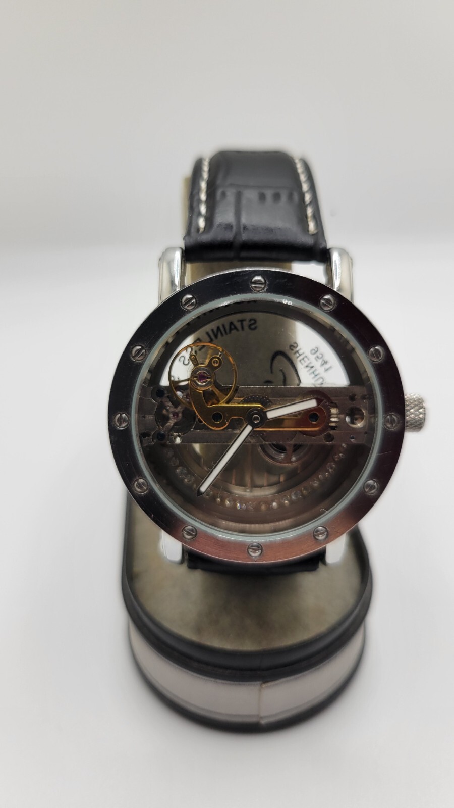 Mens Watch Mechanical Waterproof Luxury Watch Croco Leather Band Hollow Skeleto
