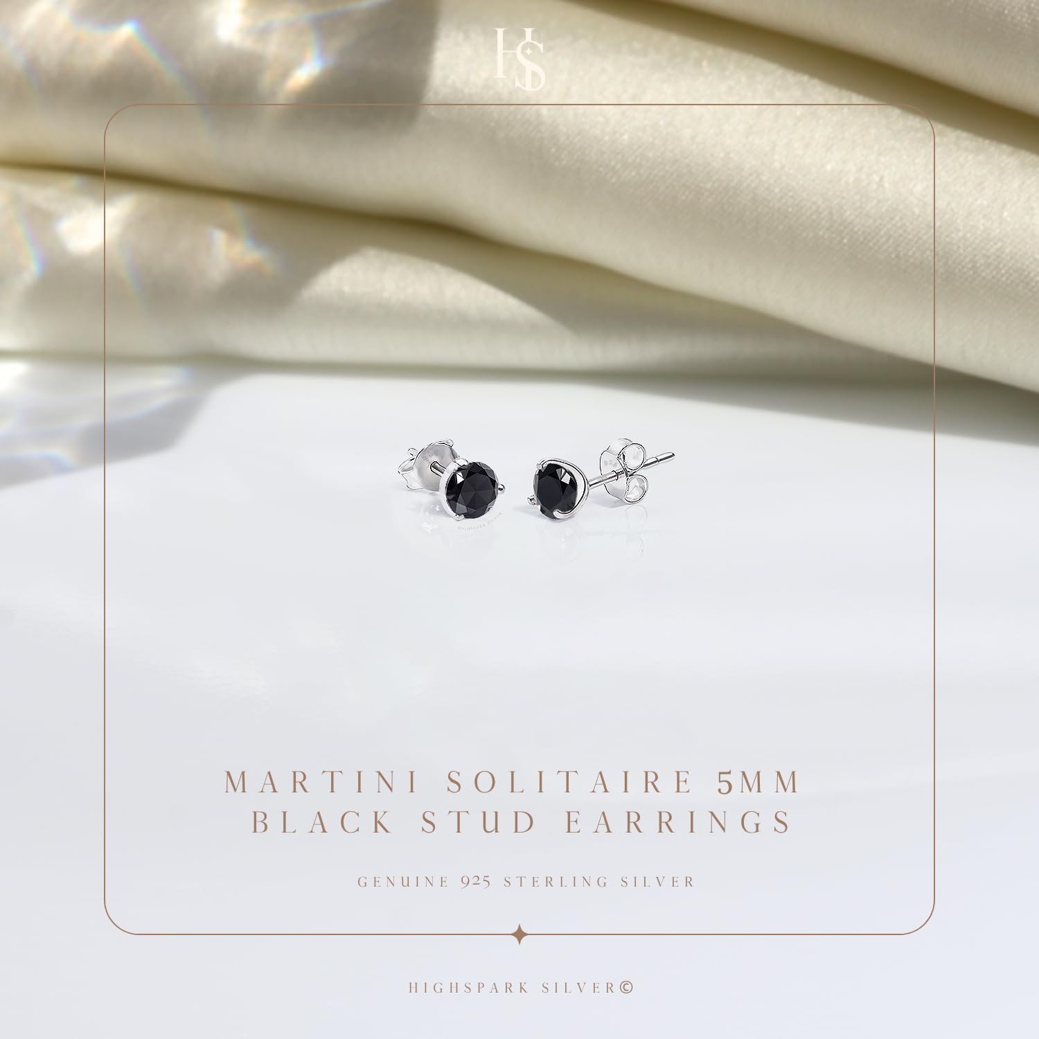 925 Silver “Martini Style” Black Solitaire Stud Earrings 92.5 Sterling Silver
