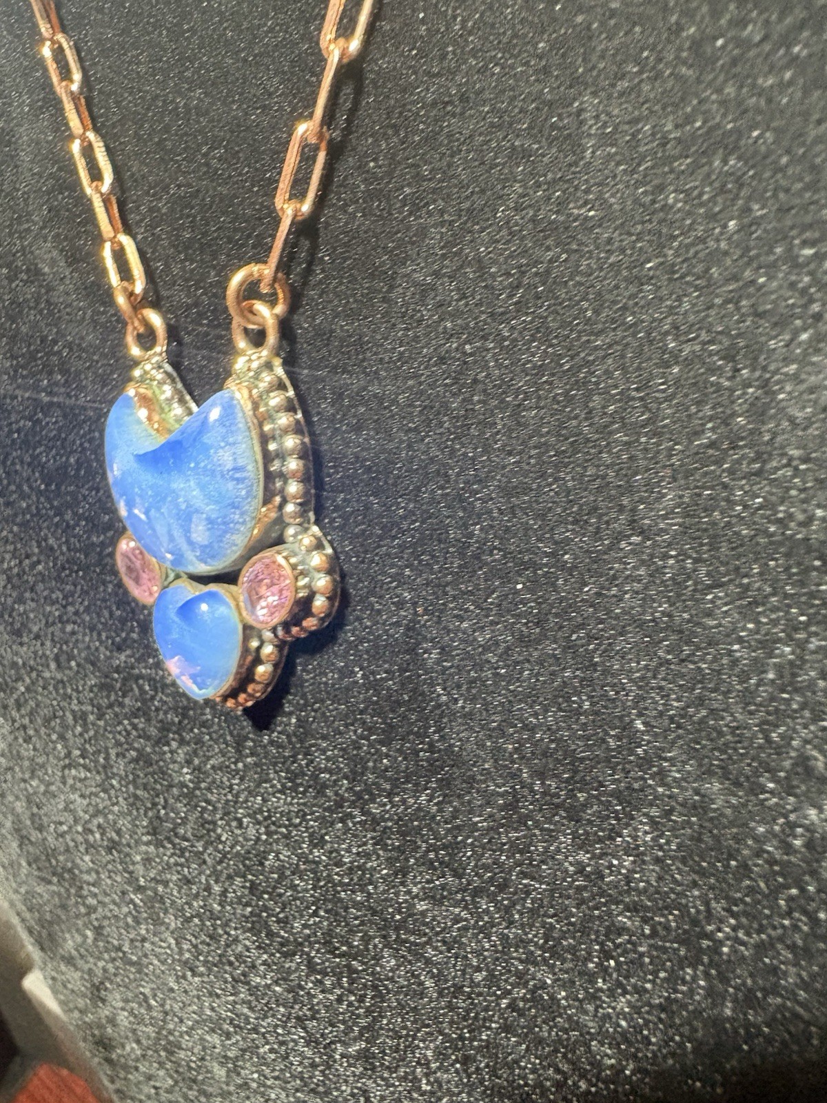 Copper Chain Necklace With Blue Crescent Moon Heart Doublet Opal & Cz Pendant