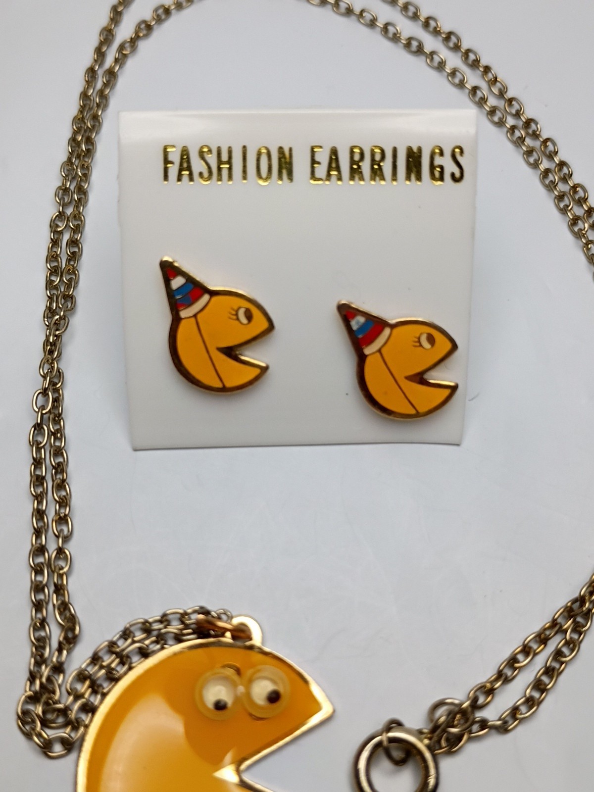Vintage NOS Mrs Pac-Man Birthday Metal Stud Earrings Mr Pac Man Necklace Googly