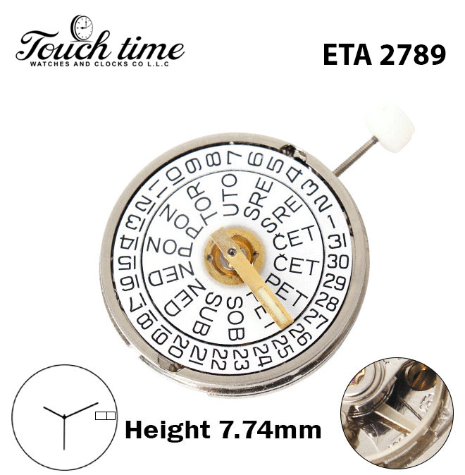 ETA 2789-Swiss Movement-White Date/Czech Day Disk At 3-H:7.74mm-3 Hands