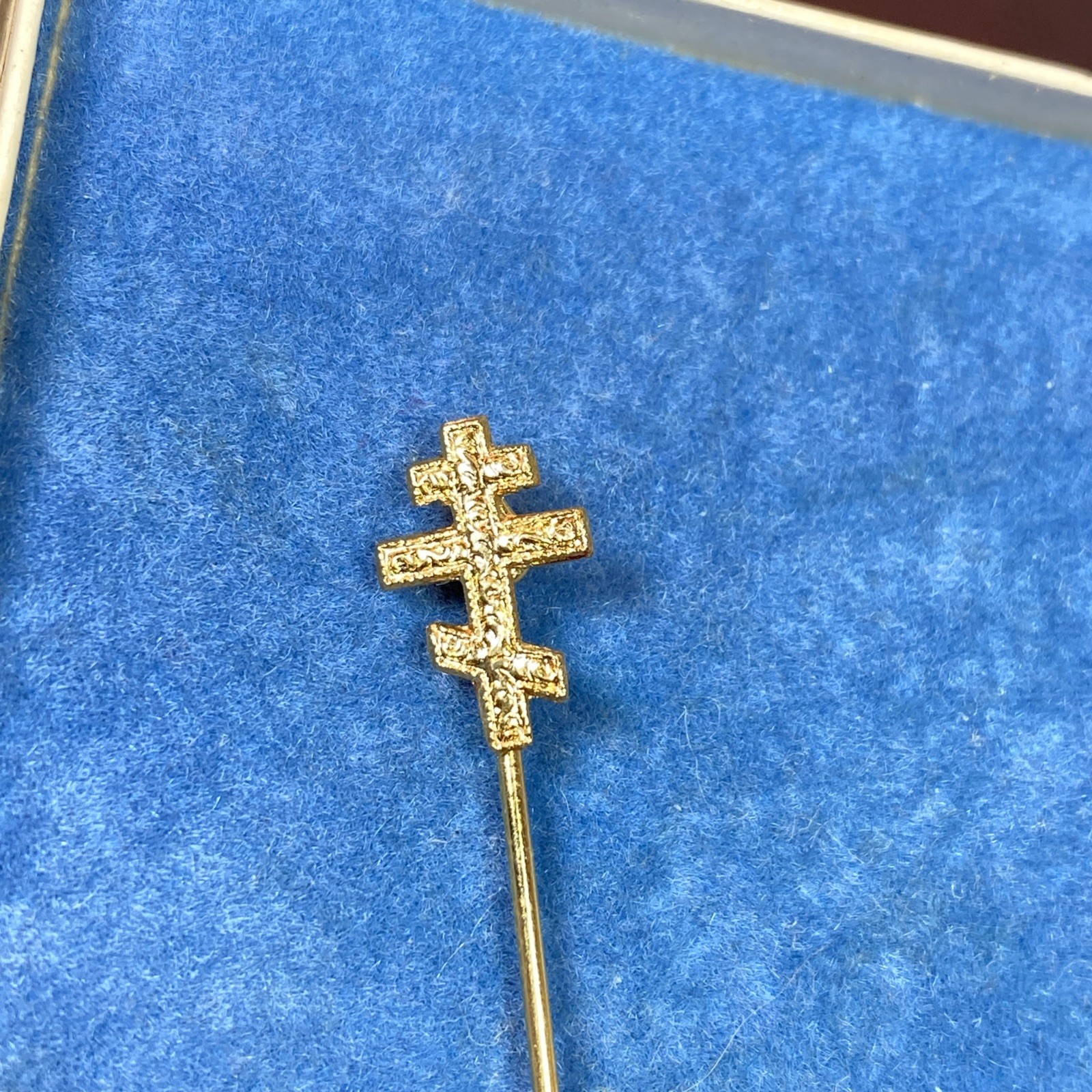 Vtg Orthodox Christian 3 Bar Cross Stick Pin Brooch Gold Tone Nice Detail 2-3/8”