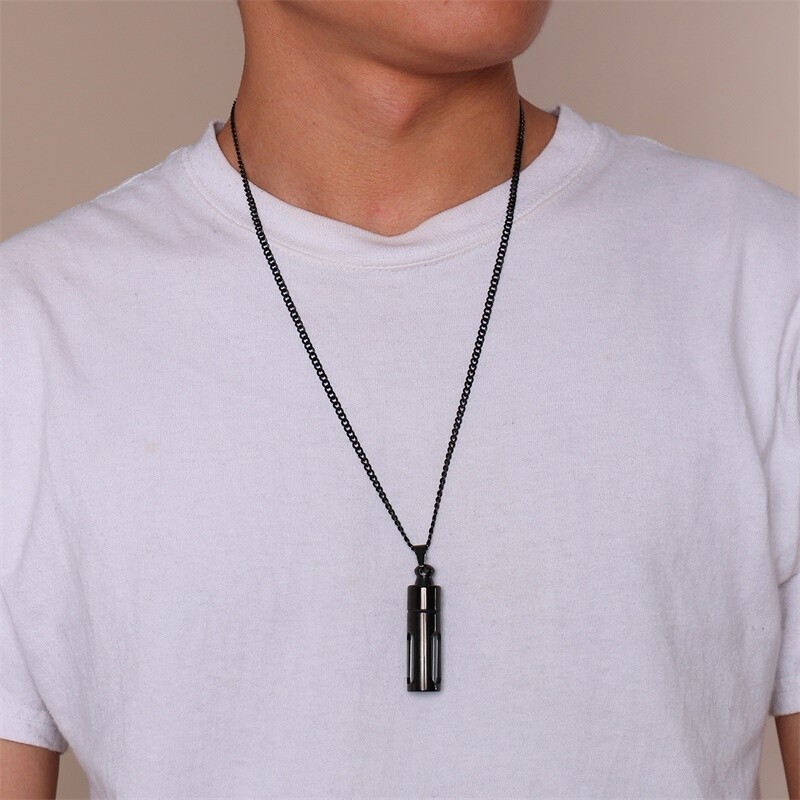 Stainless Steel Pendant Necklace Ash Urn Cremation Memorial Glass Container Men