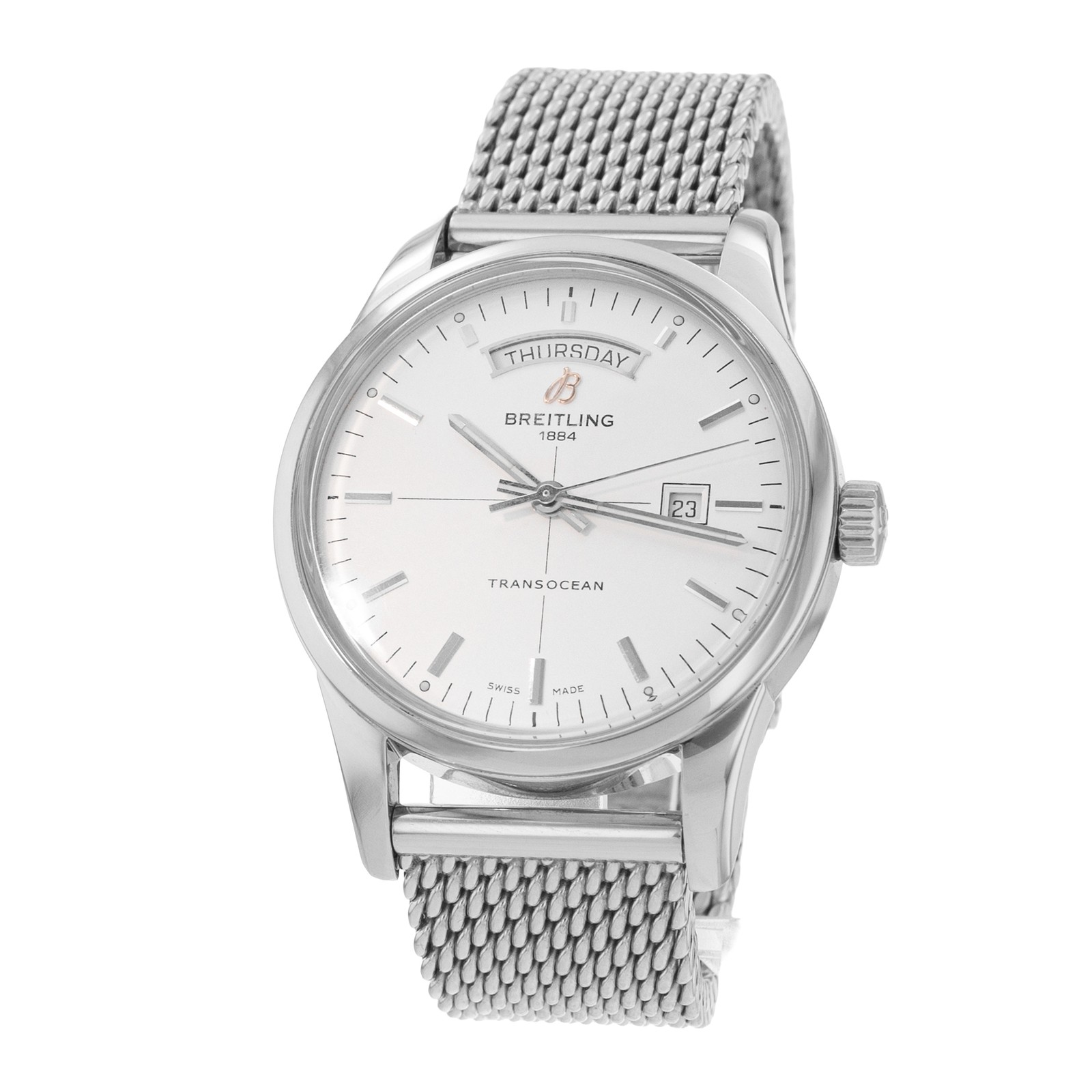 Breitling Transocean Day & Date A45310 43mm Silver Dial Steel Mens Watch 2015