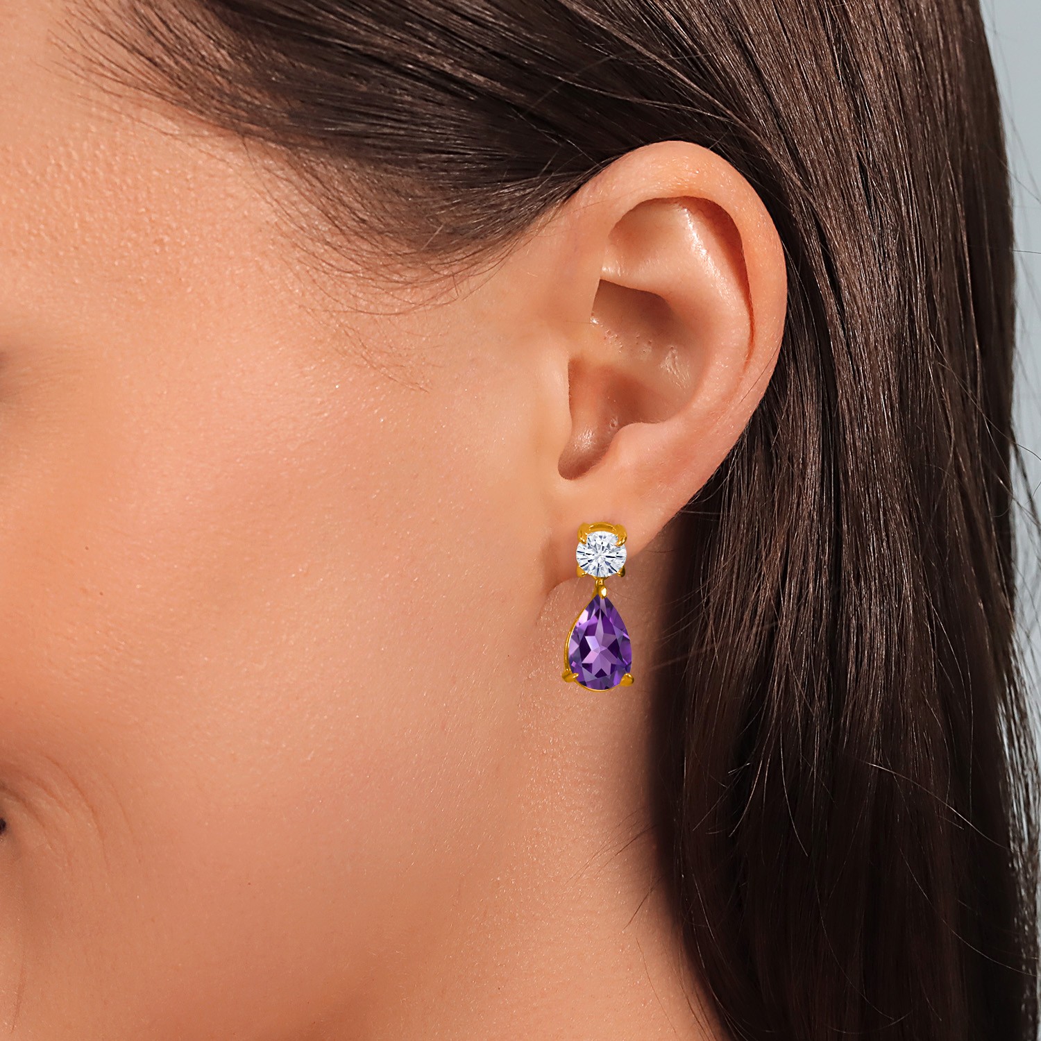 18K Yellow Gold Plated Silver Amethyst and White Moissanite Teardrop Dangle