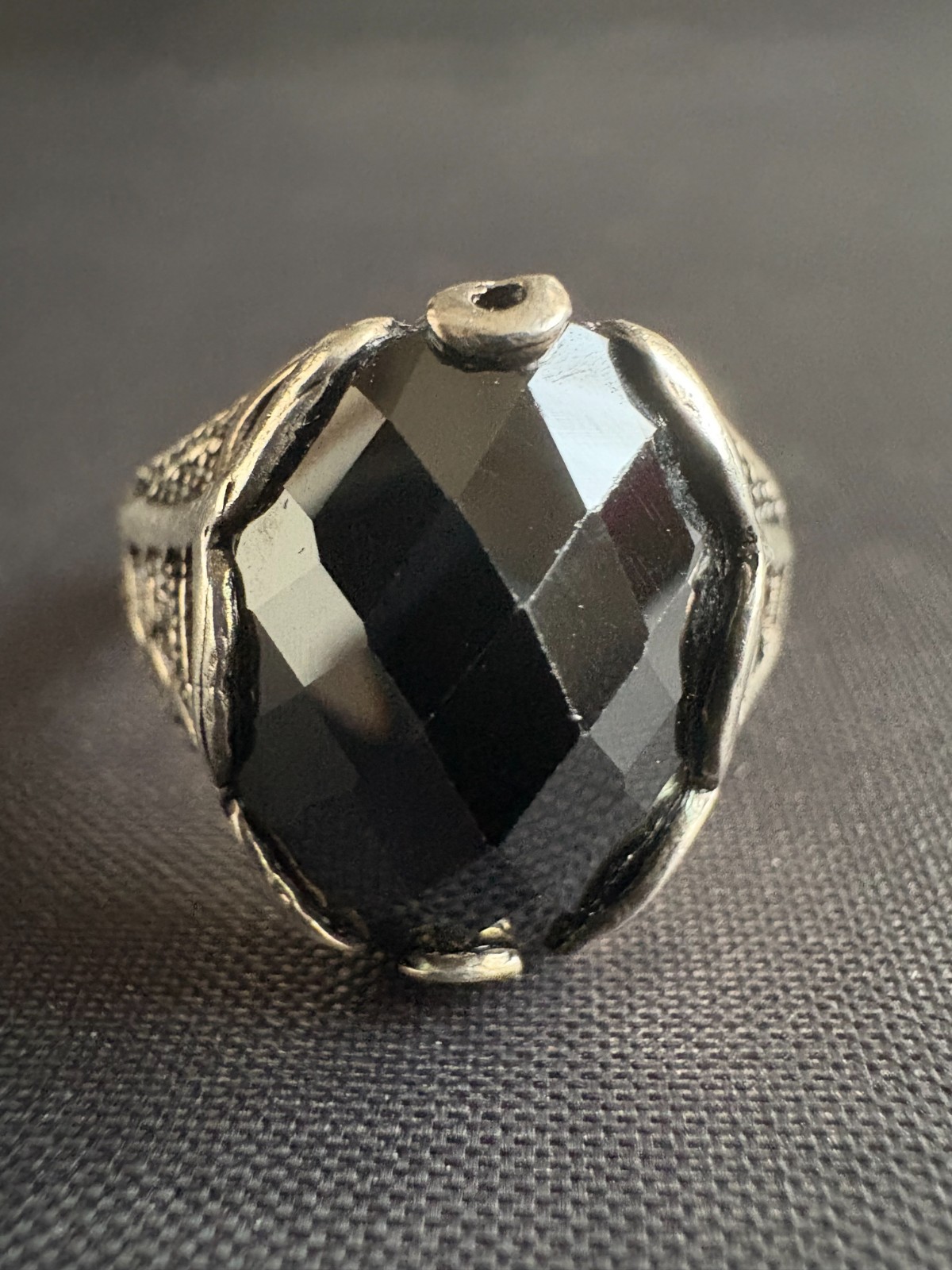 Vintage Silver Ring Faceted Black Onyx Ring Handcrafted Ring 10.75 US