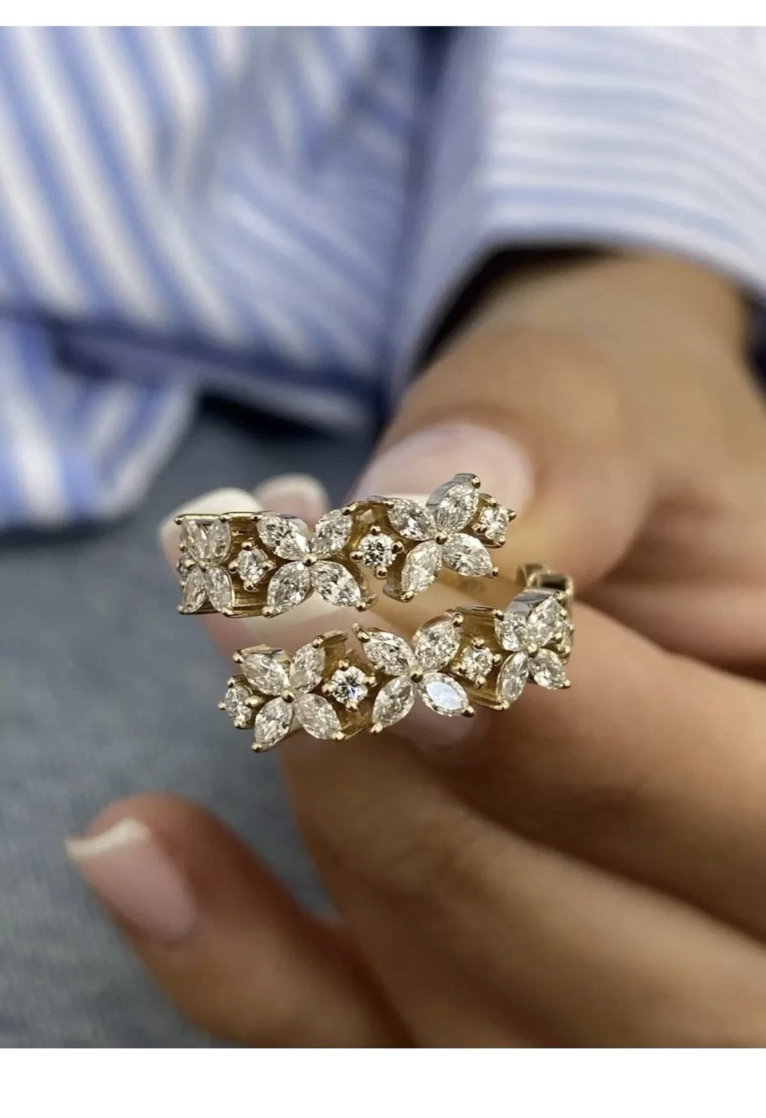 Double Row Flower Ring 18k Yellow Gold CVD Lab Grown Diamond Marquise Round Cut