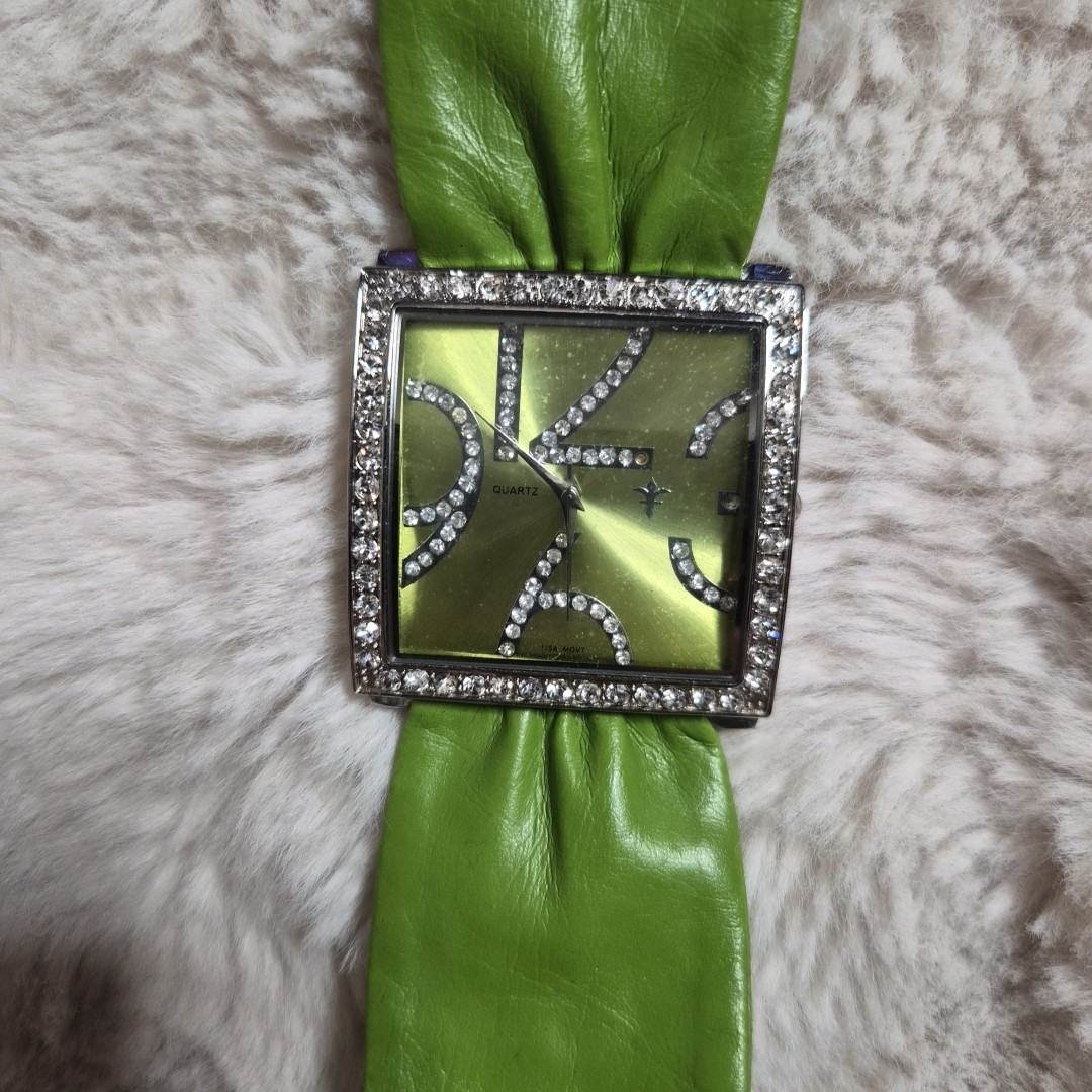 Vintage Y2K Watch Large Green Faux Leather Fabric Band Unique Rare Rhinestone