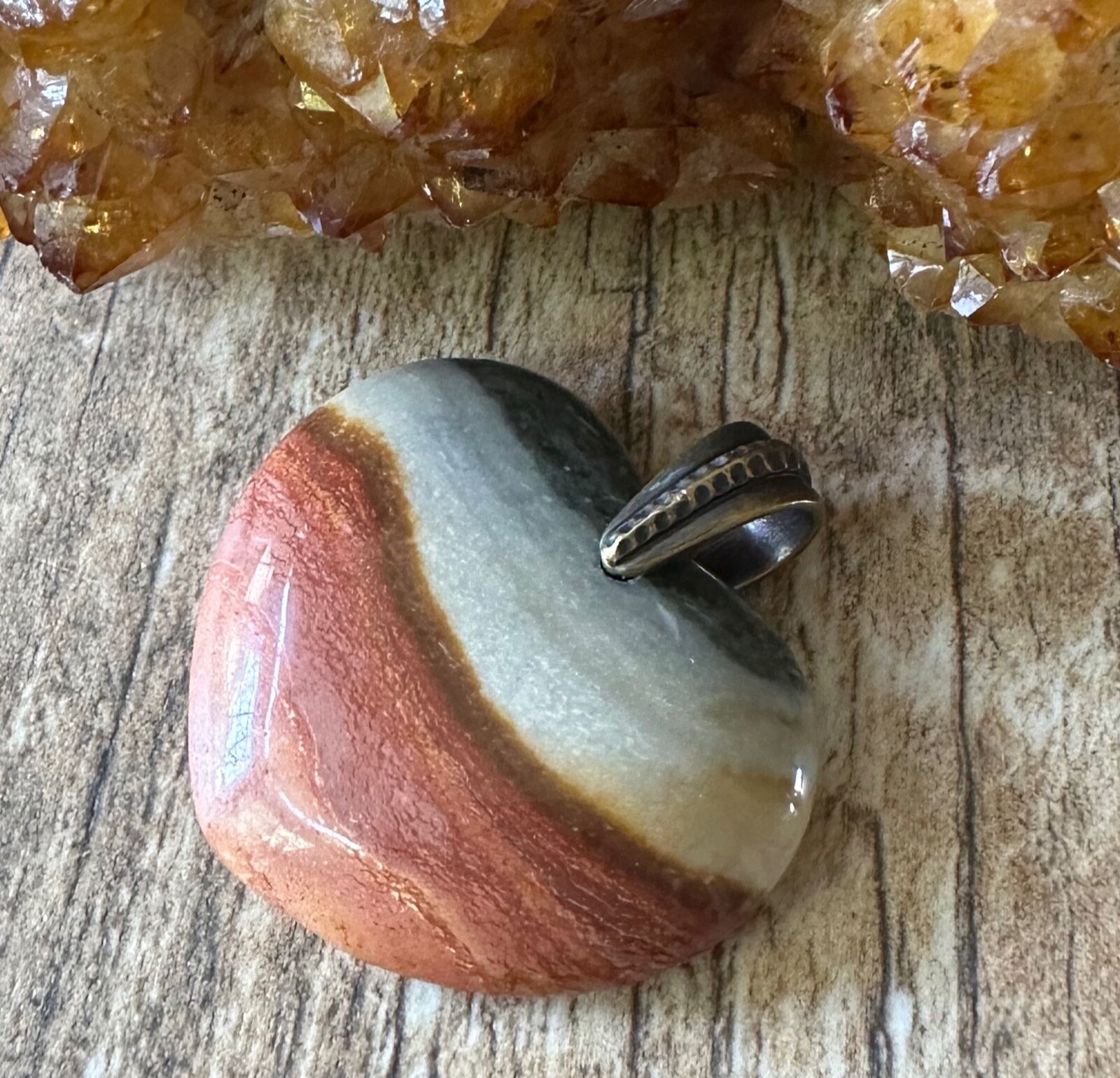 Polychrome Picture Jasper Heart Pendant With Antiqued Brass Bail