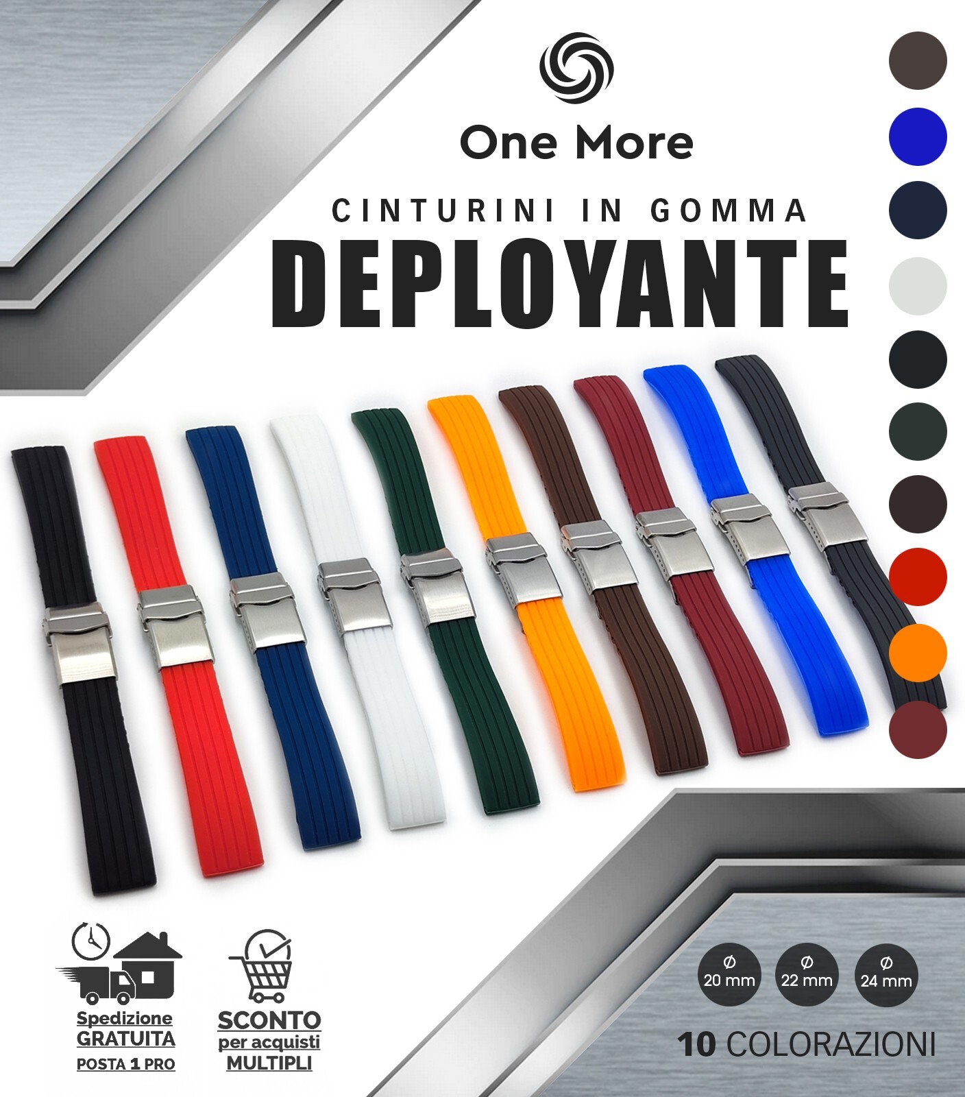 Cinturino in Gomma chiusura Deployante ONE MORE STRAP INOX Clasp acciaio TOP