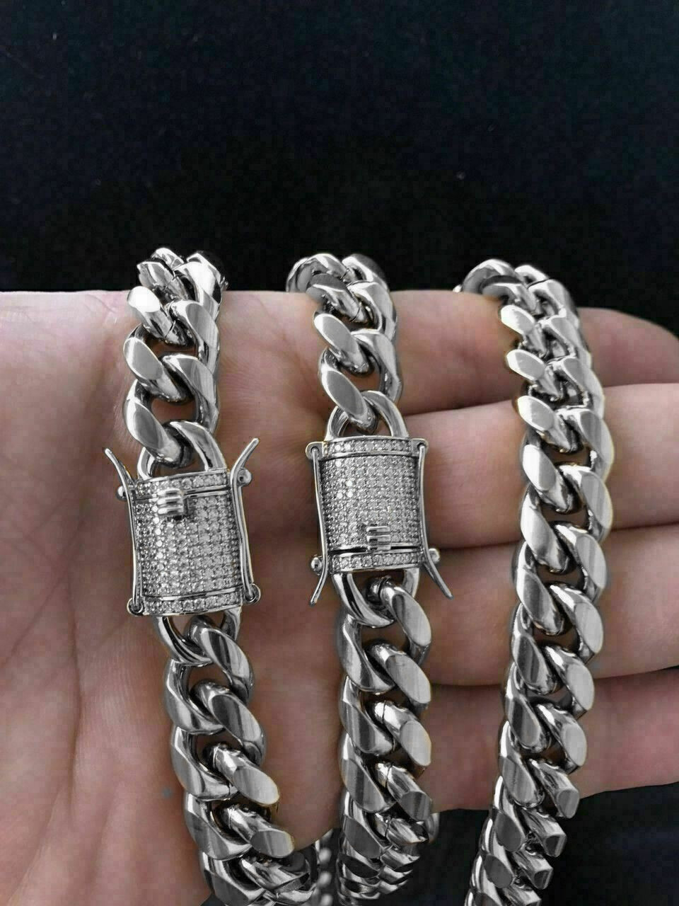 White Gold Plated Stainless Steel Miami Cuban Link Bracelet Chain With CZ Clasp