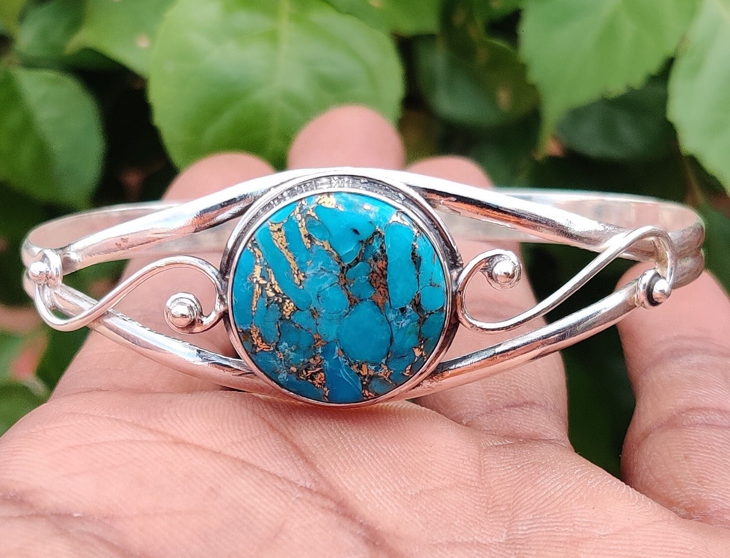 Blue Copper Turquoise Gemstone 925 Sterling Silver Adjustable Bangle MO2100