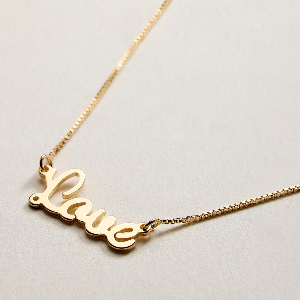 18K Gold Filled Love Script Pendant Necklace Box Chain Romantic Gift for Women