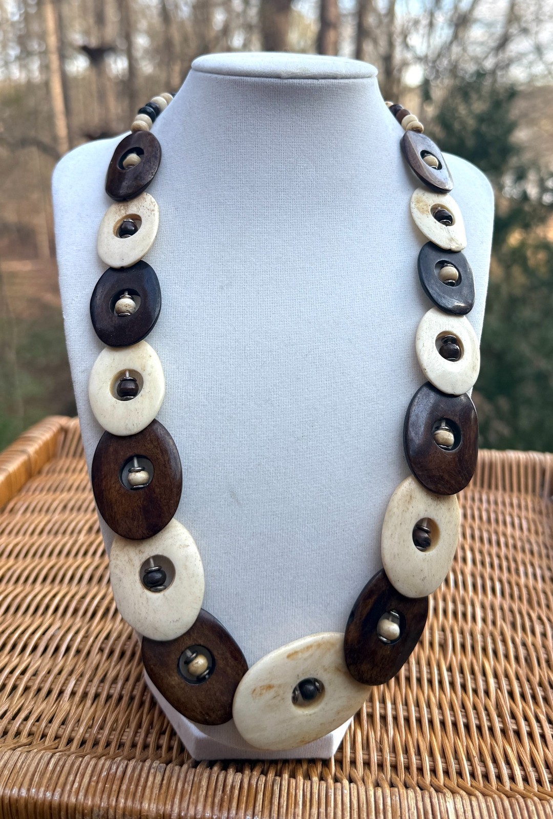 Vintage Nubian Organic Wood Carved Beaded Necklace Ivory Brown Statement