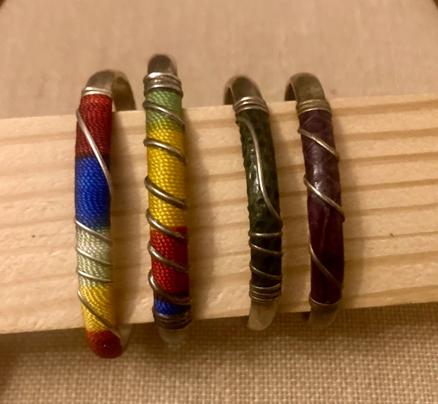 Vintage Wire Wrapped Cuff Bracelet Lot Fabric Faux Leather Boho Ethnic
