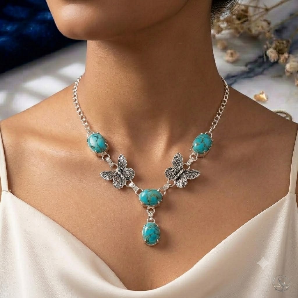 Natural Turquoise Necklace 925 Sterling Silver Butterfly Women Jewelry S-18″