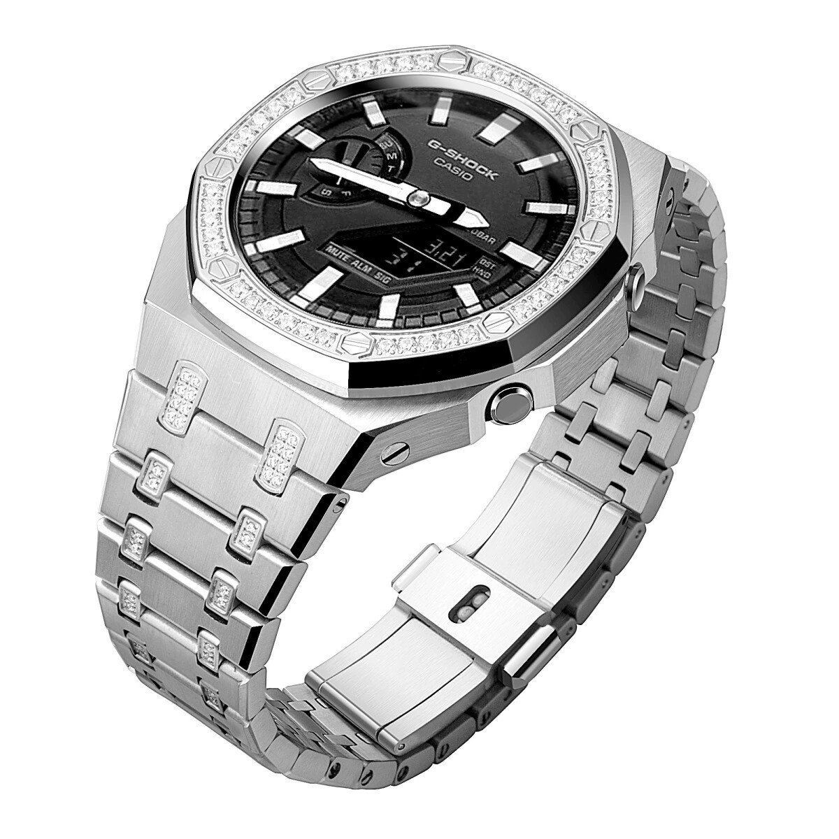 Bling Diamond Stainless Steel Bezel Mod Kit Case Band for G-SHOCK GA-2100 GA2110