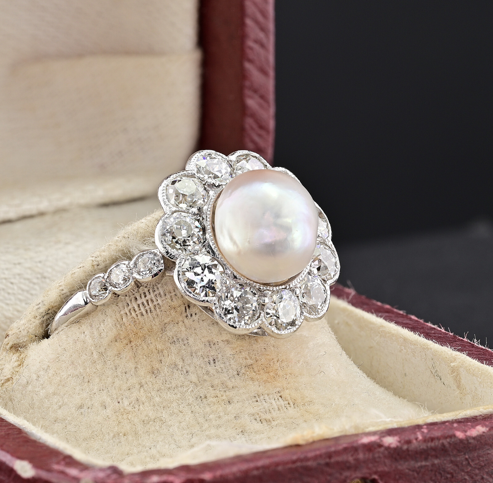 Edwardian Certified 8.5 mm. Natural Pearl 1.35 Ct Diamond Ring