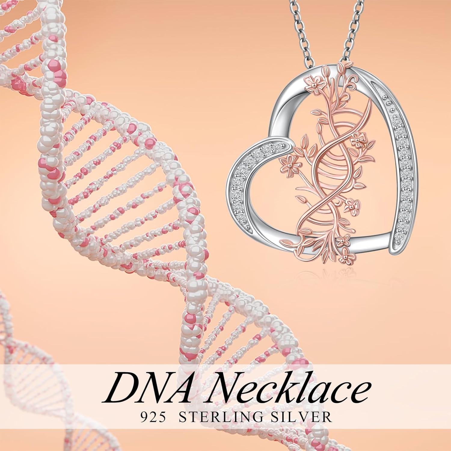 DNA Double Helix Chemistry Necklace 925 Sterling Silver Heart Pendant Gift Women