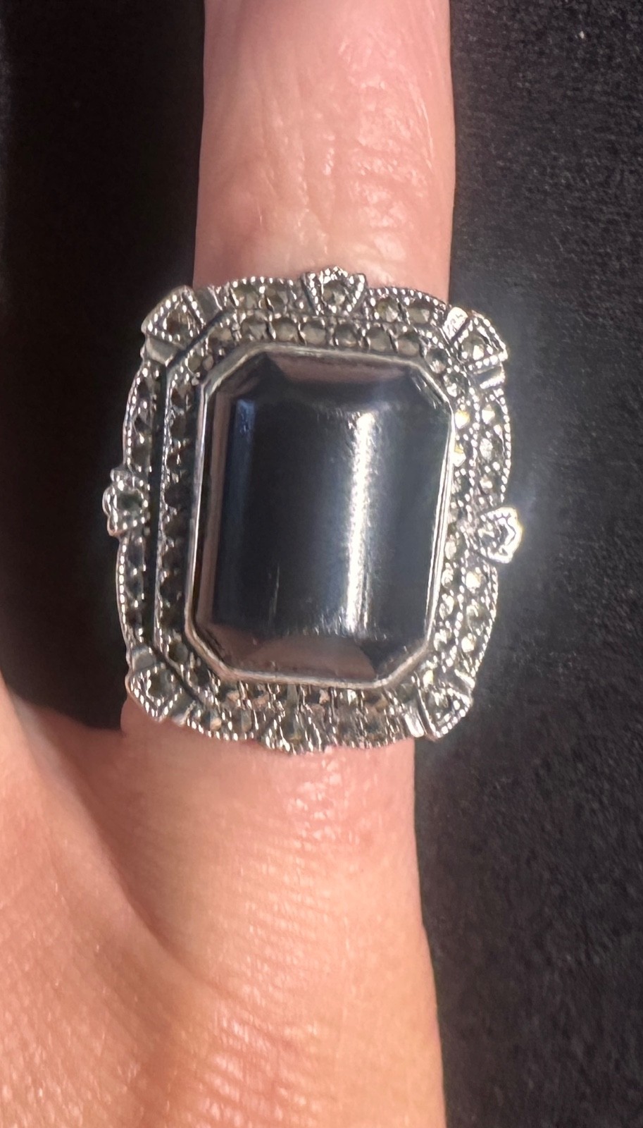 Vintage Sterling Silver Art Deco Hematite Marcasite Ring Black Stone size 5