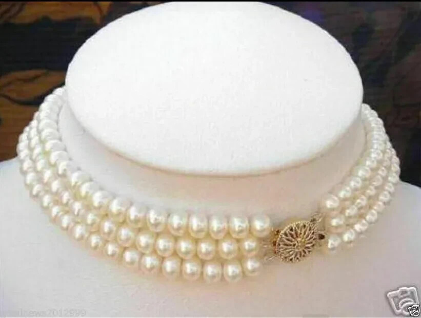 Charming Natural South Sea Triple Strands 8-9MM White Pearl Choker Necklace 18in