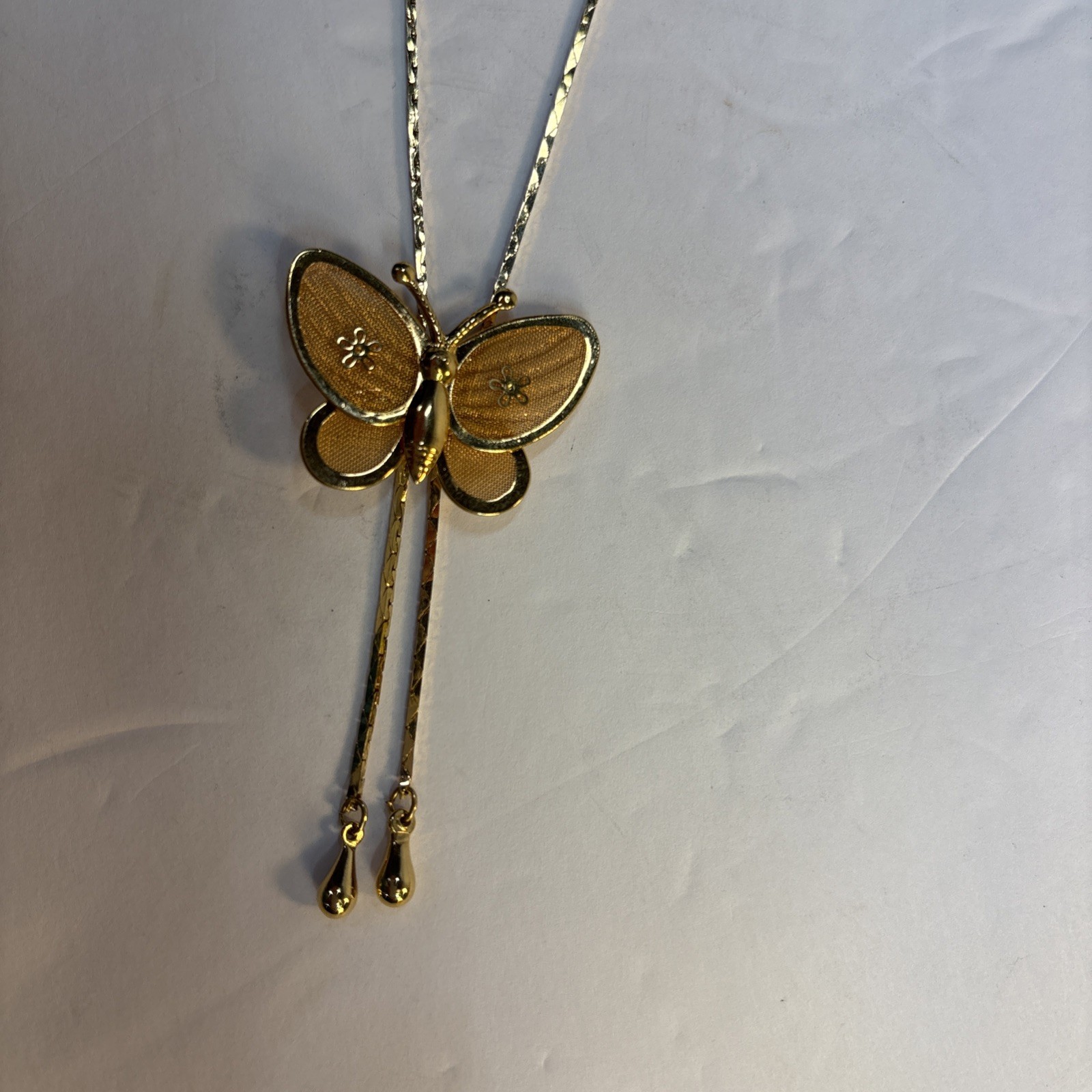 Vintage Gold Tone Filigree Butterfly Adjustable Slider Necklace 29”