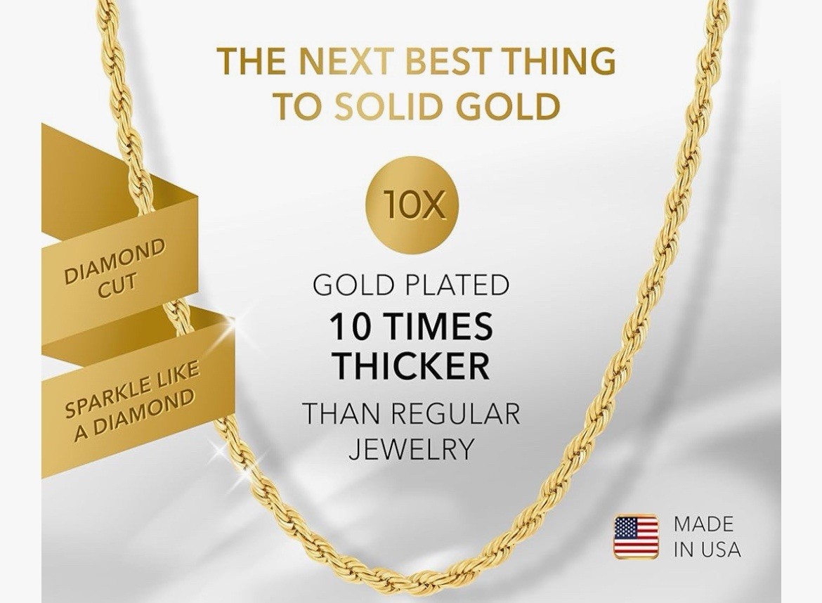Premium Real Rope Chain Necklace 24K Gold Plated Bronze. No Nickel 2mm-6mm 18-30